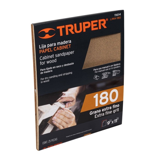 [11614] Lija para madera papel cabinet, grano 180, Truper LIMA-180