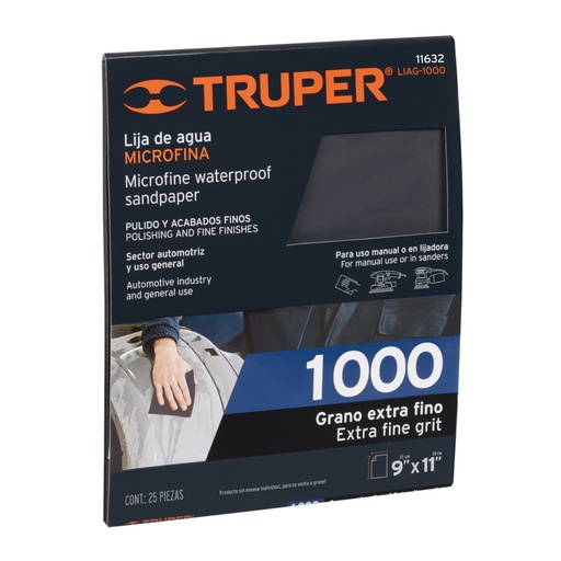 [11632] Lija de agua grano 1000 microfina carburo de silicio, Truper LIAG-1000