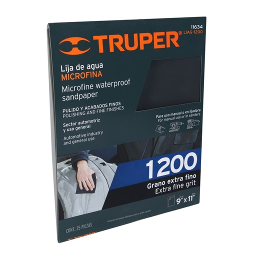[11634] Lija de agua grano 1200 microfina carburo de silicio, Truper LIAG-1200