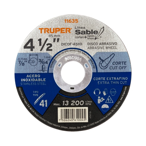[11635] Disco Tipo 41 de 4-1/2' x 1 mm corte fino acero inox, Sable DICOF-4510I