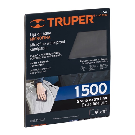 [11647] Lija de agua grano 1500 microfina carburo de silicio, Truper LIAG-1500