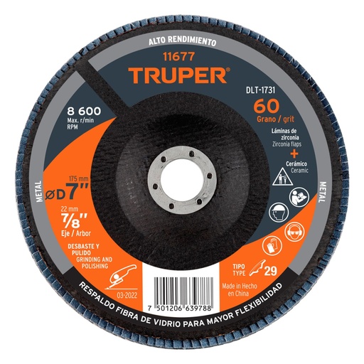 [11677] Disco laminado 7', grano 60 centro 7/8', fibra, TRUPER DLT-1731