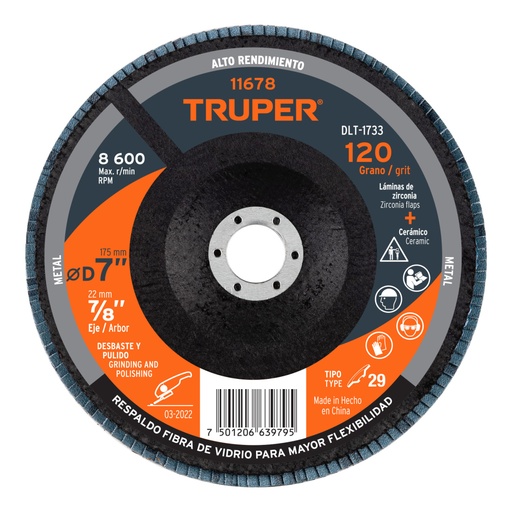 [11678] Disco laminado 7', grano 120 centro 7/8', fibra, TRUPER DLT-1733