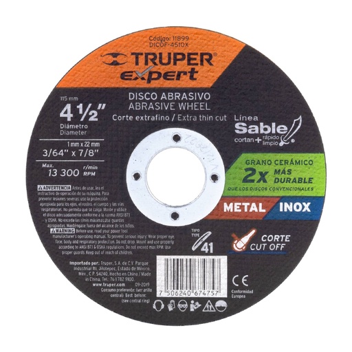 [11899] Disco Tipo 41 de 4-1/2' x 1 mm corte fino de metal, Expert DICOF-4510X