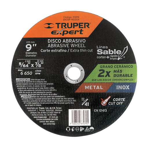 [11999] Disco Tipo 41 de 9' x 2 mm corte fino de metal, Expert DICOF-9020X