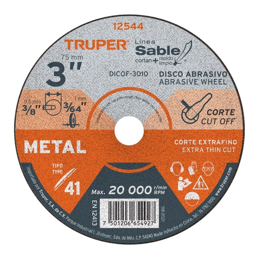 [12544] Disco Tipo 41 de 3' x 1 mm corte fino de metal, Sable DICOF-3010