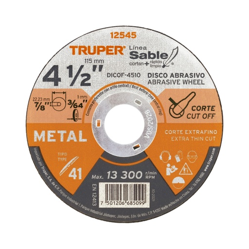 [12545] Disco Tipo 41 de 4-1/2' x 1 mm corte fino de metal, Sable DICOF-4510