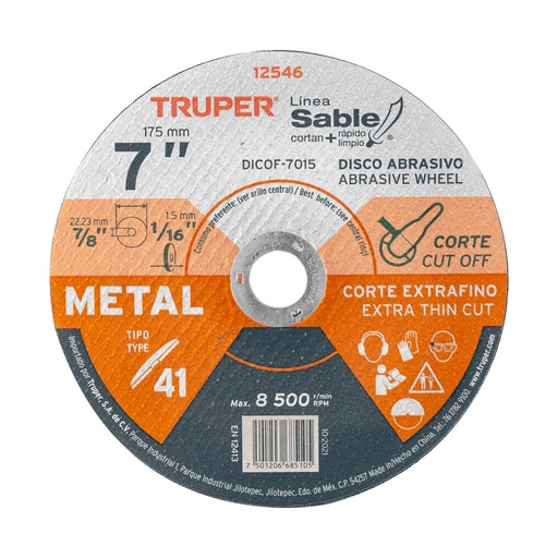 [12546] Disco Tipo 41 de 7' x 1.5 mm corte fino de metal, Sable DICOF-7015