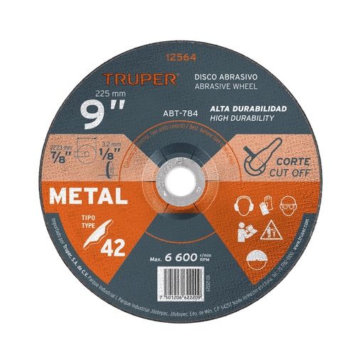 [12564] Disco Tipo 42 de 9' x 3.2 mm para corte de metal, Truper ABT-784