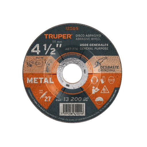[12565] Disco Tipo 27 de 4-1/2' x 6.4 mm para desbaste de metal ABT-774