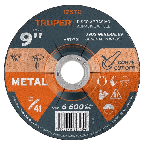 [12572] Disco de 9' para corte de metal, tipo 41, Truper ABT-791