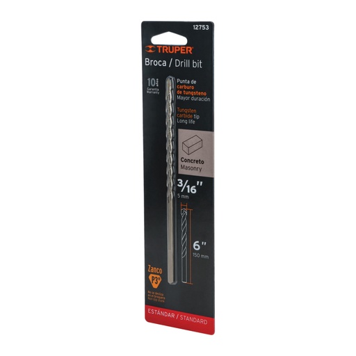 [12753] Broca para concreto de 3/16 x 6' en blíster, TRUPER BCT-3/16X6-B