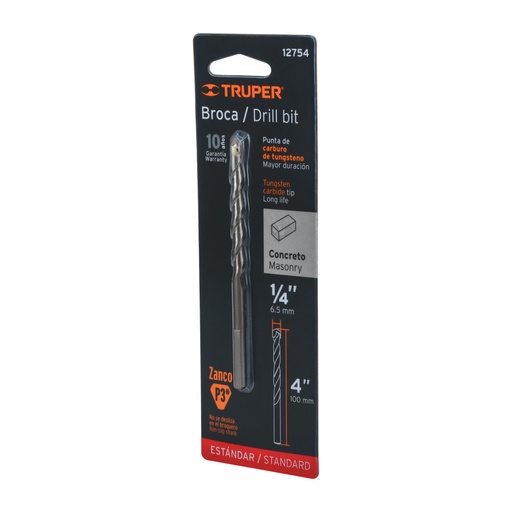 [12754] Broca para concreto de 1/4 x 4' en blíster, TRUPER BCT-1/4X4-B
