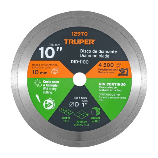 [12970] Disco de diamante de 10' x 2.2 mm, rin continuo, TRUPER DID-1100