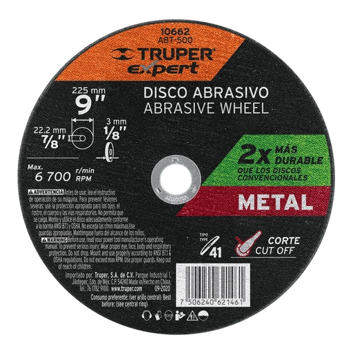 [10662] Disco para corte de metal, tipo 41, diámetro 9' Expert ABT-500