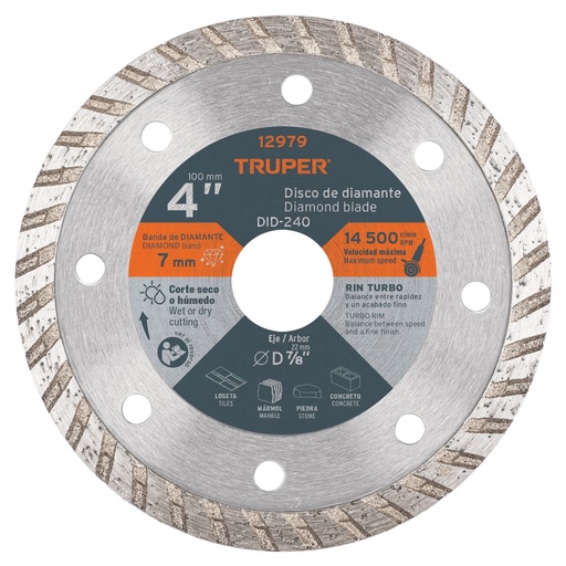 [12979] Disco de diamante de 4' x 2.2 mm, rin turbo, TRUPER DID-240