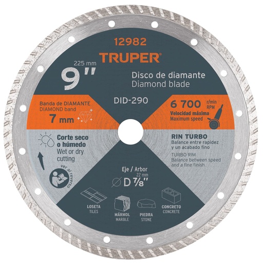 [12982] Disco de diamante de 9' x 3 mm, rin turbo, TRUPER DID-290
